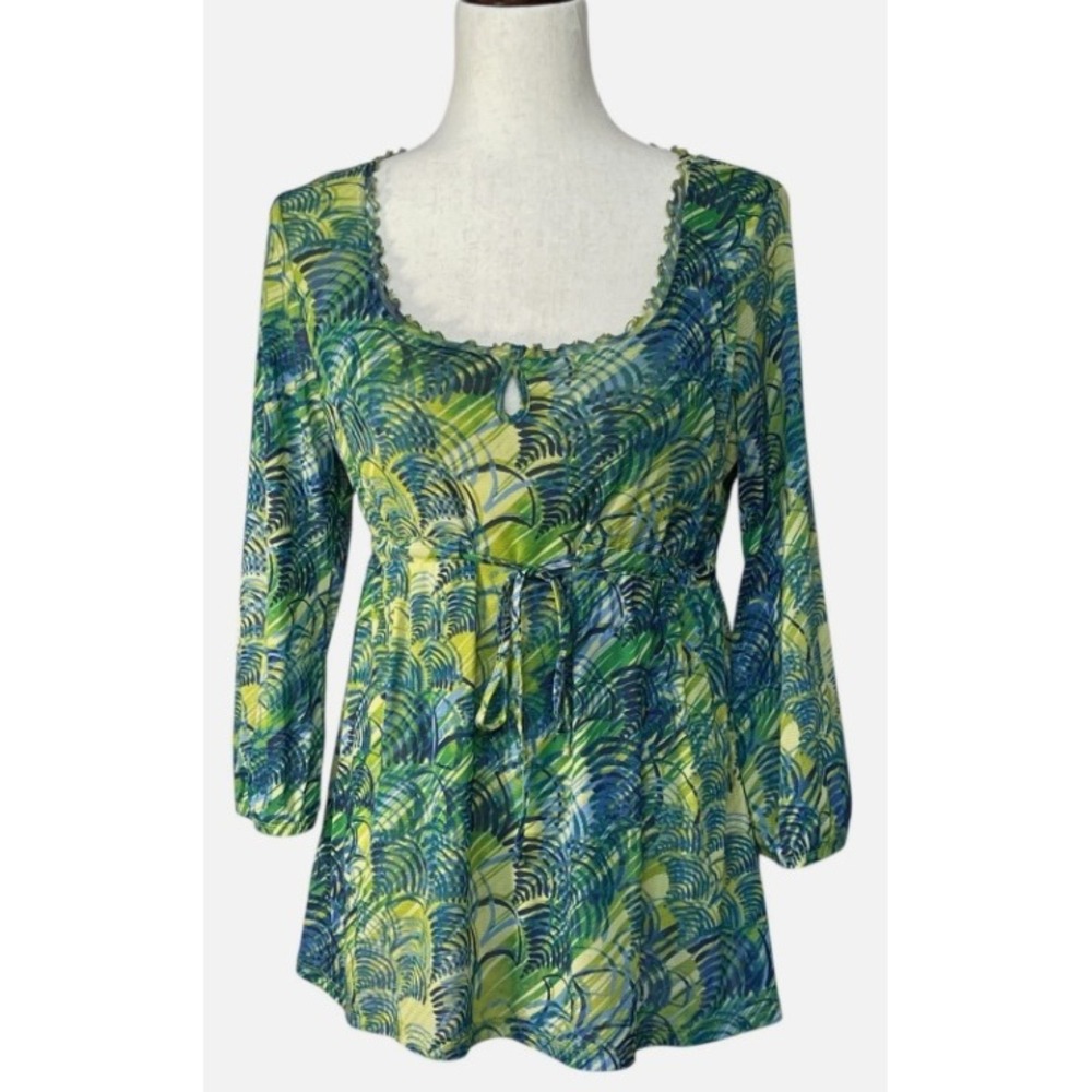 Axcess Liz Claiborne Mesh Tunic Top Green Blue Tropical Palm Leaf Print Large